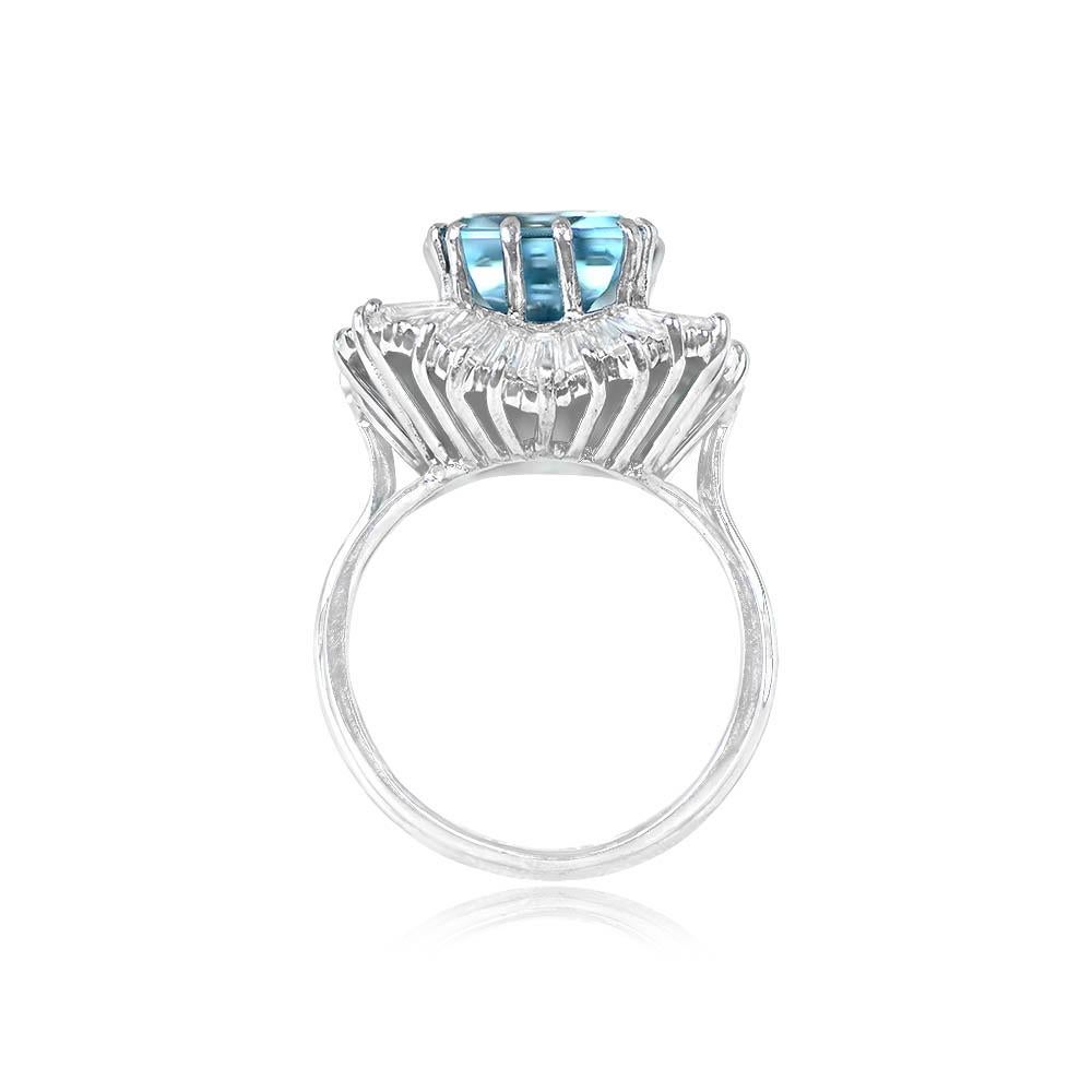 Vintage 4.34ct Emerald Cut Aquamarine Cocktail Ring, Diamond Halo, Platinum In Excellent Condition For Sale In New York, NY