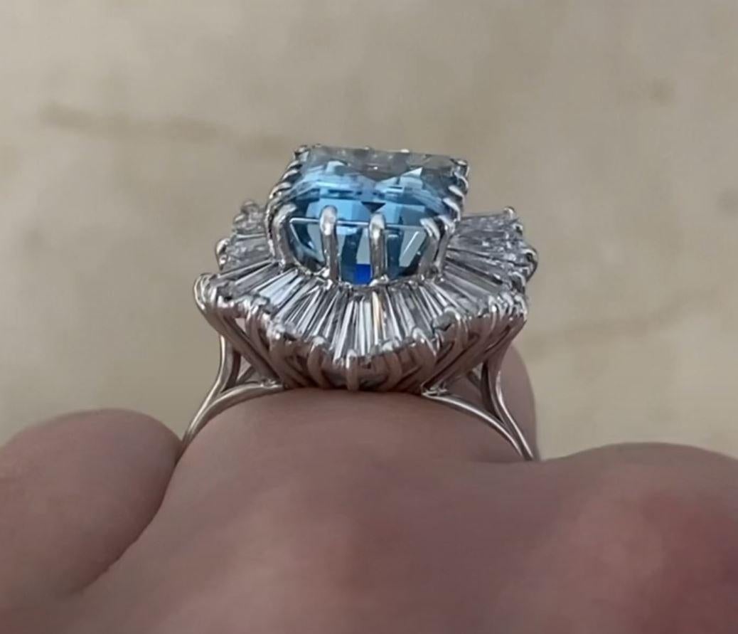 Vintage 4.34ct Emerald Cut Aquamarine Cocktail Ring, Diamond Halo, Platinum For Sale 3