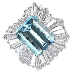 Retro 4.34ct Emerald Cut Aquamarine Cocktail Ring, Diamond Halo, Platinum