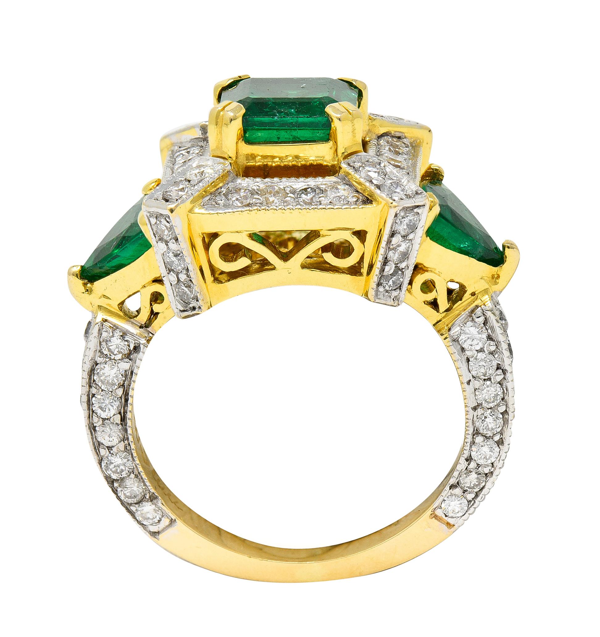 Vintage 4.35 Carats Emerald Diamond 18 Karat Two-Tone Gold Cocktail Ring 4