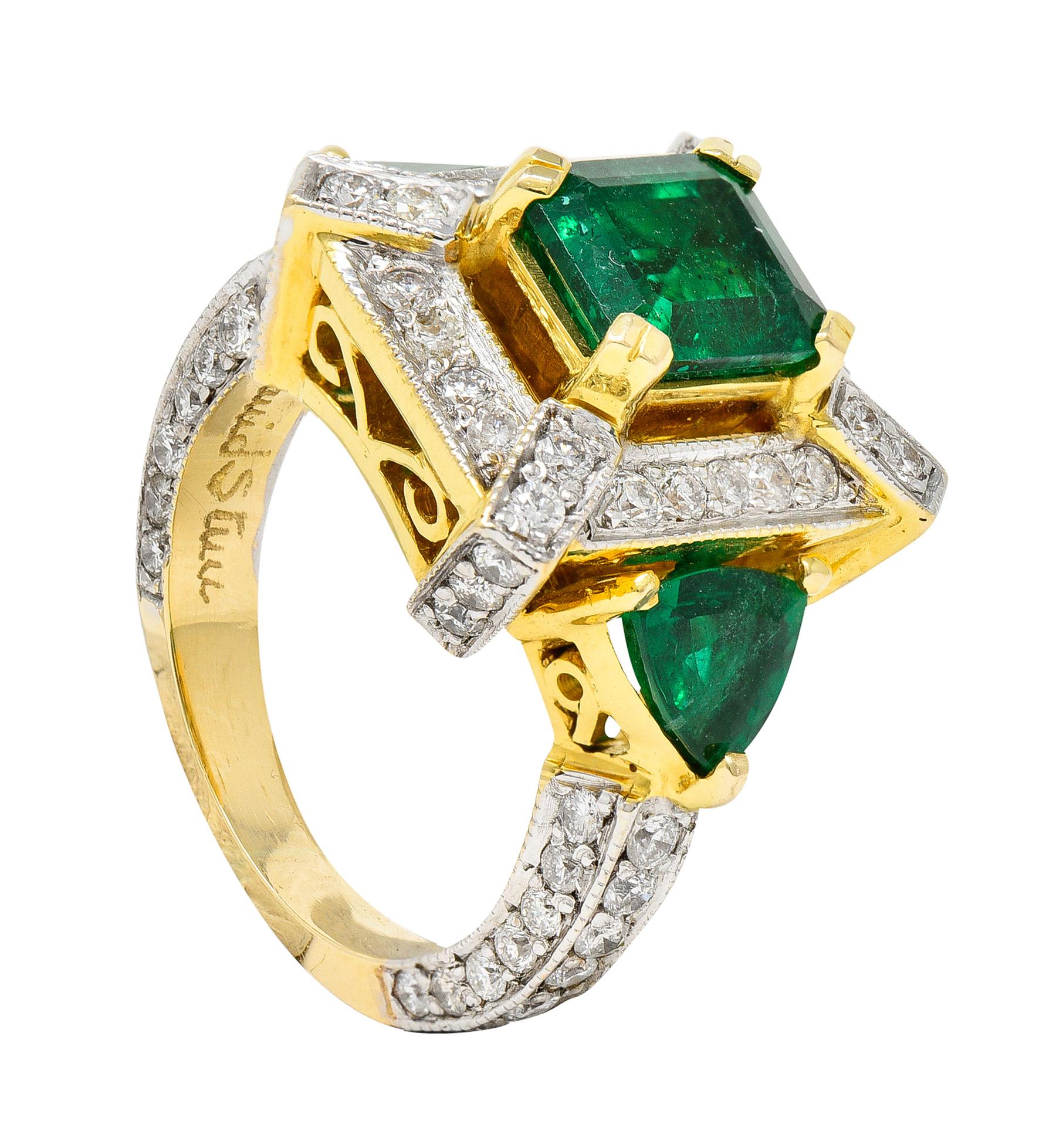 Vintage 4.35 Carats Emerald Diamond 18 Karat Two-Tone Gold Cocktail Ring 6