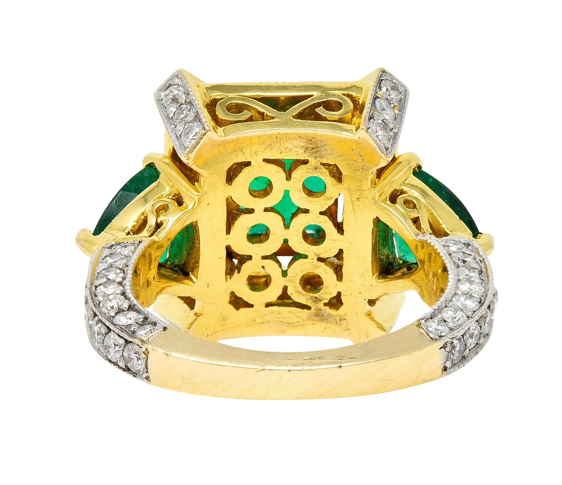 Vintage 4.35 Carats Emerald Diamond 18 Karat Two-Tone Gold Cocktail Ring In Excellent Condition In Philadelphia, PA