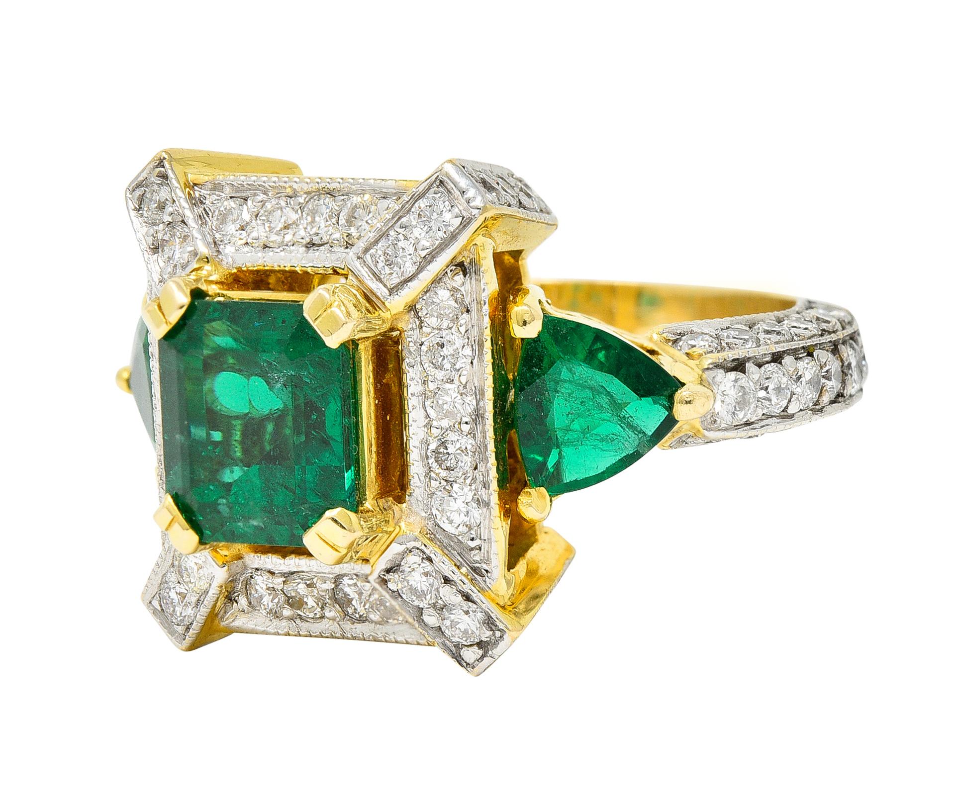 Vintage 4.35 Carats Emerald Diamond 18 Karat Two-Tone Gold Cocktail Ring 1