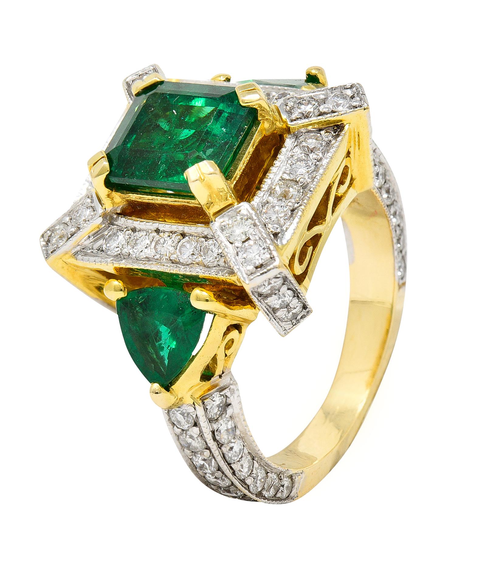 Vintage 4.35 Carats Emerald Diamond 18 Karat Two-Tone Gold Cocktail Ring 3