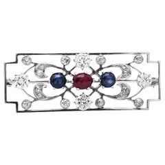 Vintage 4.35cts Diamond Cabochon Ruby Sapphire Platinum Floral Brooch Pin