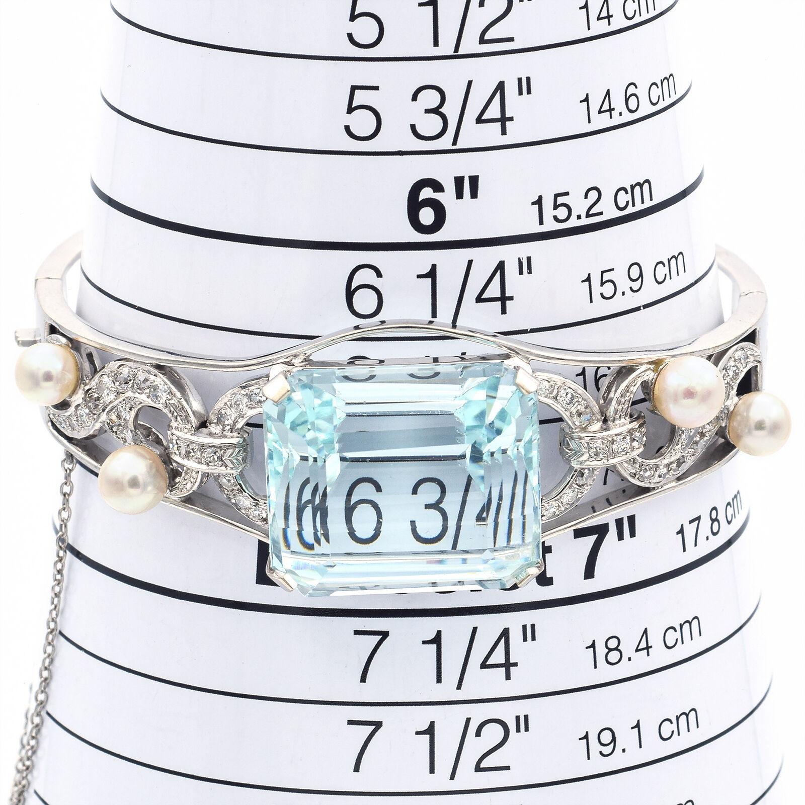 Emerald Cut Vintage 43.70 Ct Aquamarine, Pearl and 1.02 TCW Diamond White Gold Bracelet For Sale