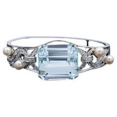Vintage 43.70 Ct Aquamarine, Pearl and 1.02 TCW Diamond White Gold Bracelet