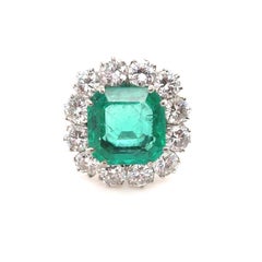 Vintage 4.38ct Columbian Emerald and Diamond Cluster 18 Karat White Gold Ring