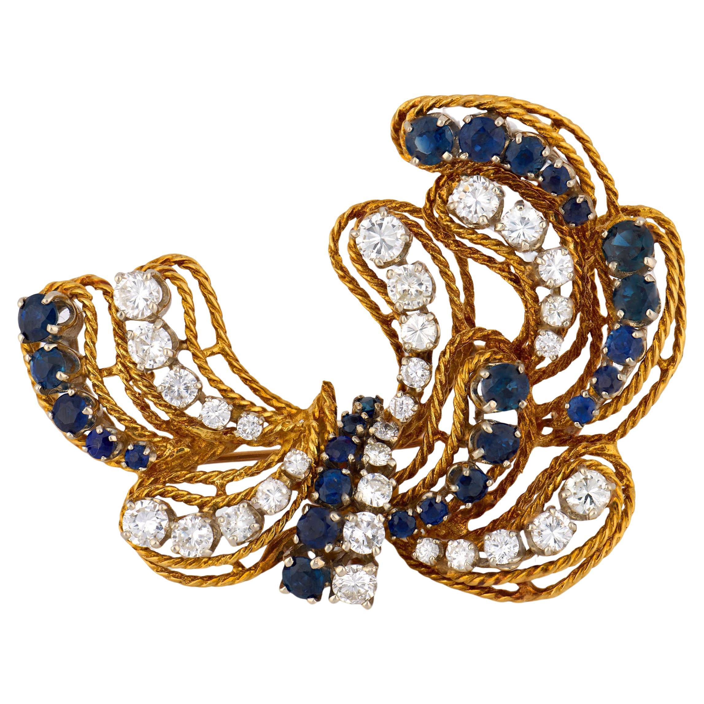 Broche Vintage 4.40 carats poids total diamant et saphir en or jaune 18k