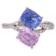 Vintage 4.43 Carat Blue and Pink Sapphire Diamond Platinum Toi Et Moi Ring