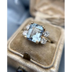 Anello da cocktail vintage con acquamarina da 4,5 carati e diamanti, in oro giallo 14 carati