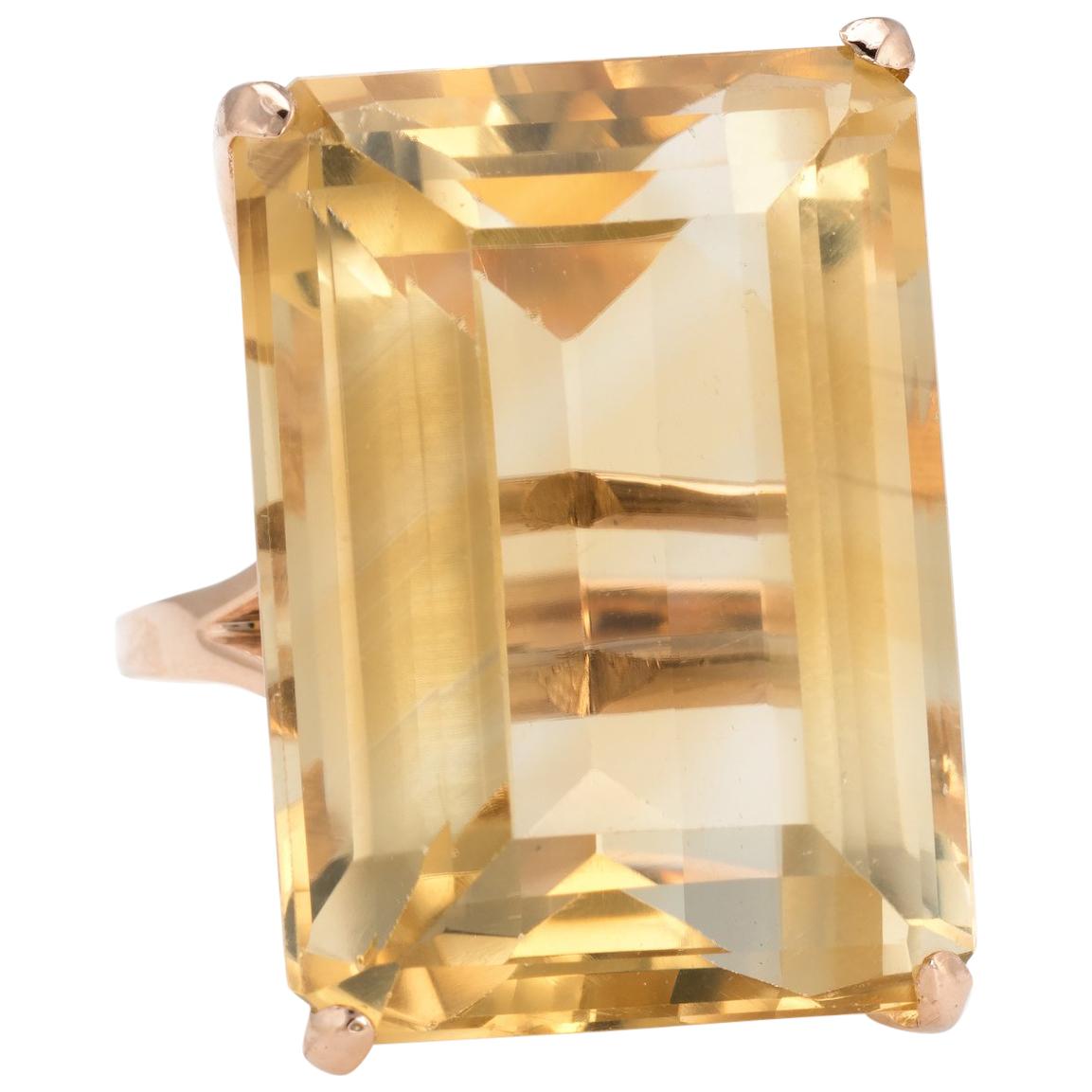Vintage 45 Carat Citrine Ring Emerald Cut Large Cocktail Jewelry 14 Karat Gold