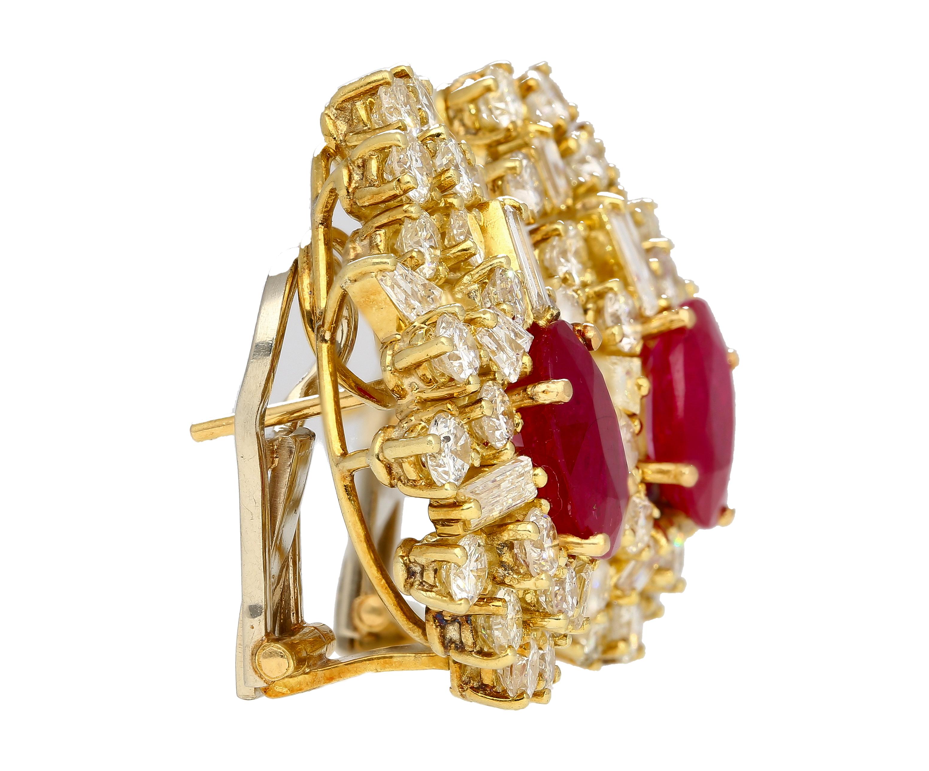Art Deco Vintage 4.5 Carat Ruby & Diamond Cluster Clip On Earrings in 18K Yellow Gold For Sale