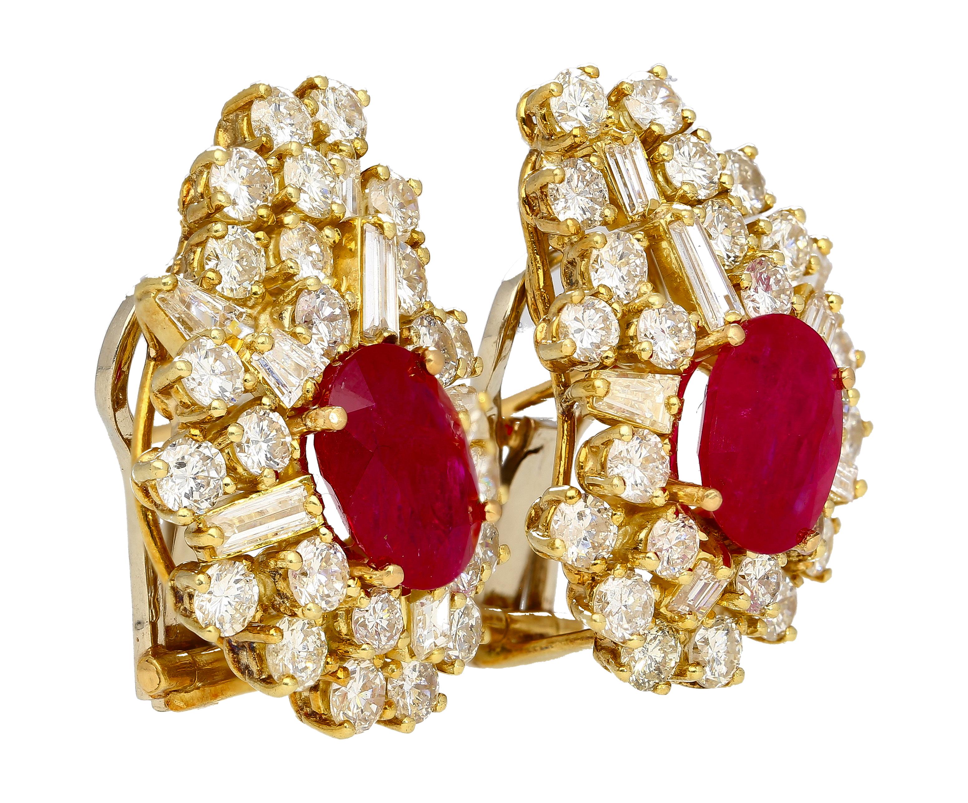Oval Cut Vintage 4.5 Carat Ruby & Diamond Cluster Clip On Earrings in 18K Yellow Gold For Sale
