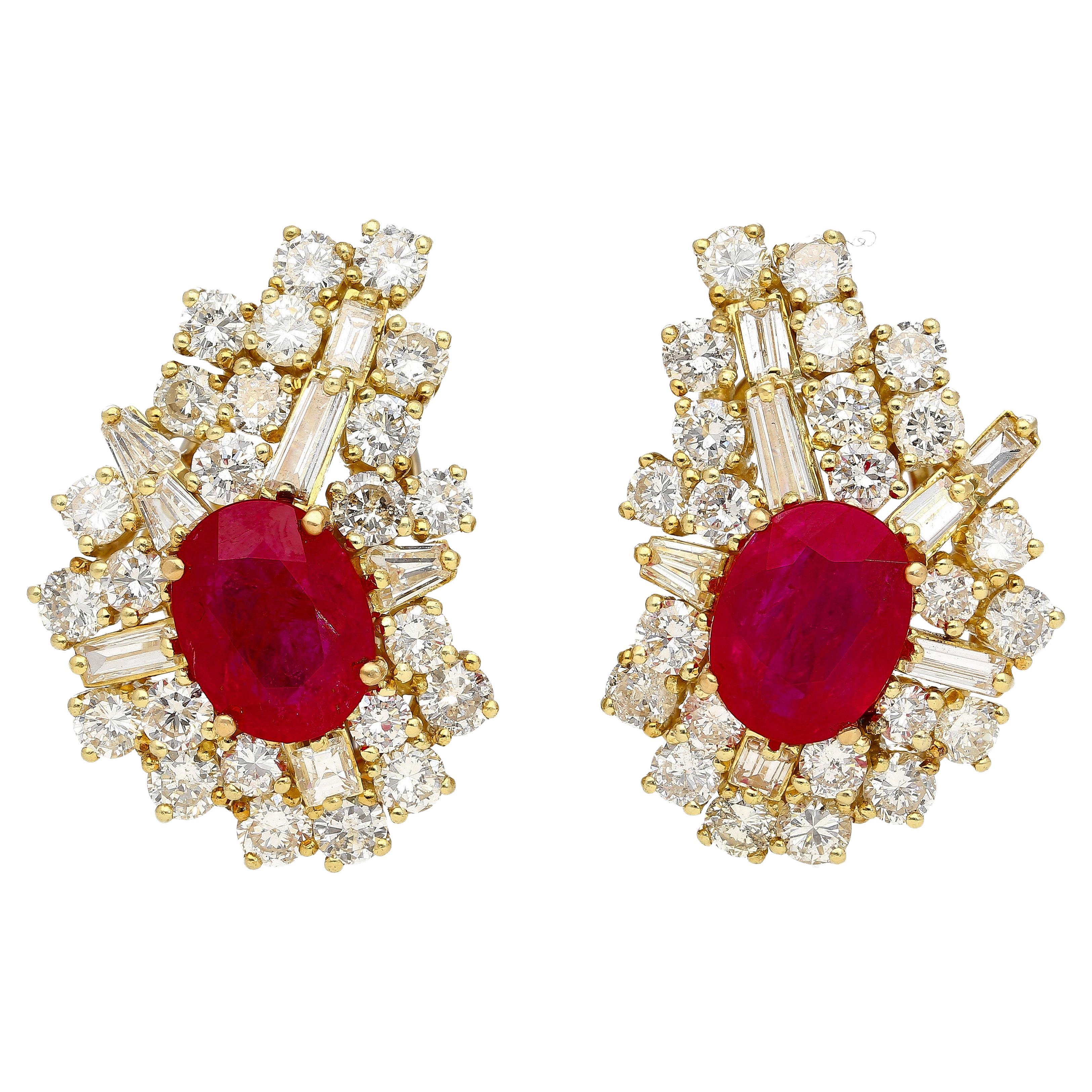 Vintage 4.5 Carat Ruby & Diamond Cluster Clip On Earrings in 18K Yellow Gold For Sale