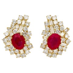 Vintage 4.5 Carat Ruby & Diamond Cluster Clip On Earrings in 18K Yellow Gold