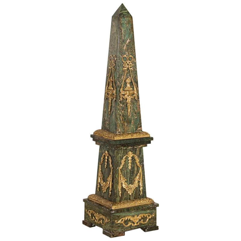 Vintage Tall Standing French Green Marble Obelisk with Bronze Accents