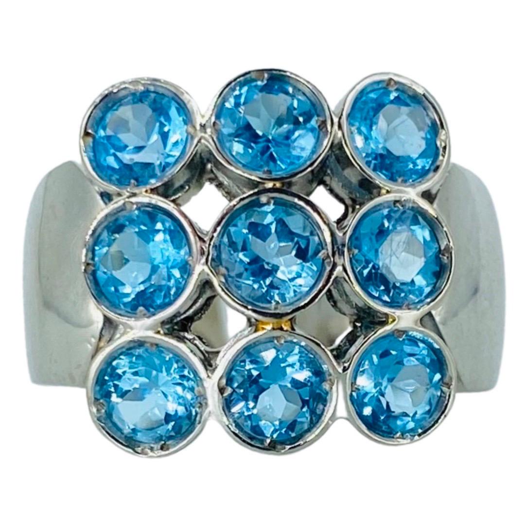 Vintage 4.50 Carat Total Weight Aquamarine Gemstones Cluster Cocktail Ring 18k White Gold. The ring measures 15mm height and weights 9.6g
The ring is a size 8