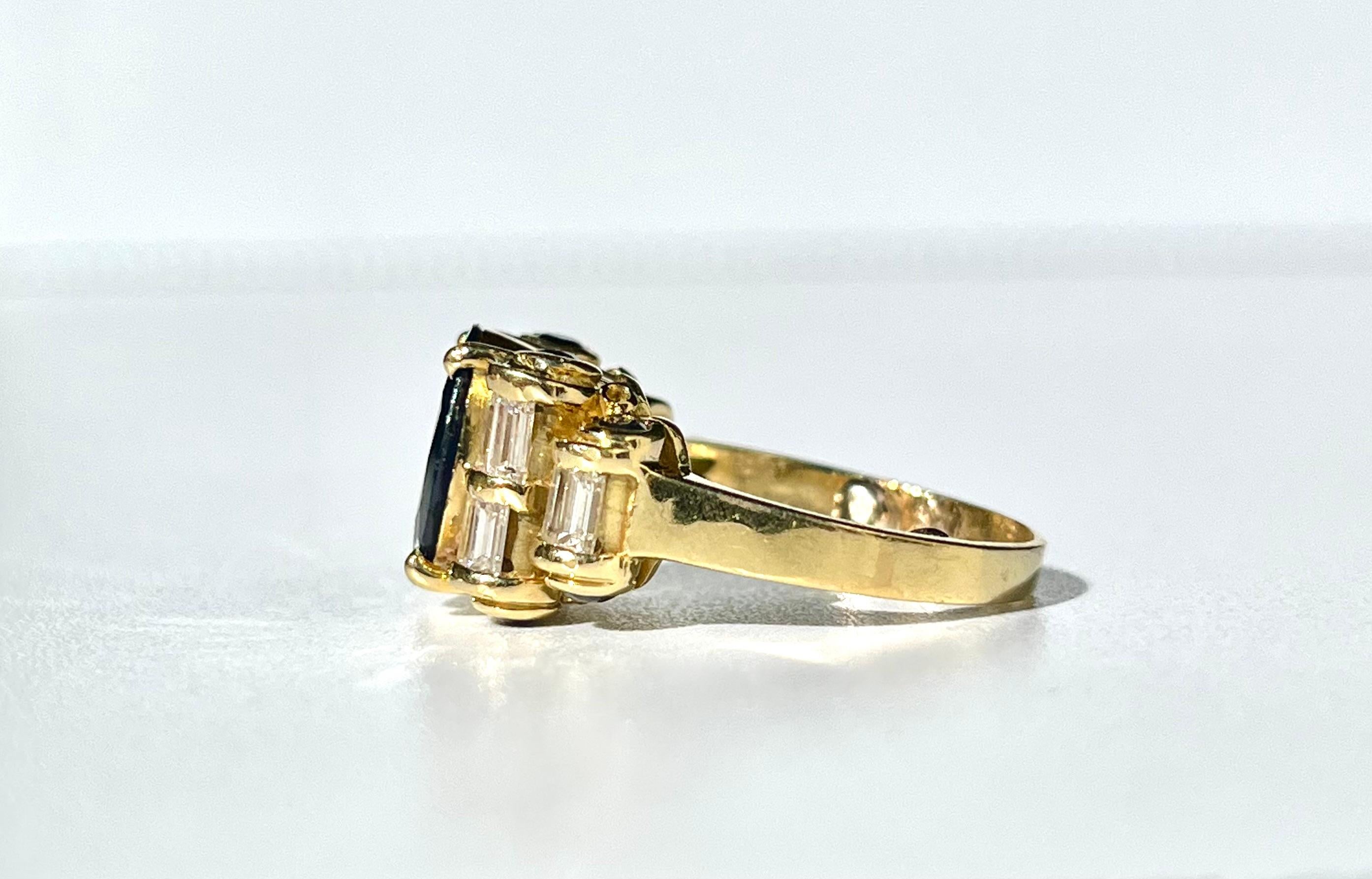 Vintage 4.50 Carat Chanthaburi Sapphire and Baguette Diamond Ring in 18k Gold For Sale 1