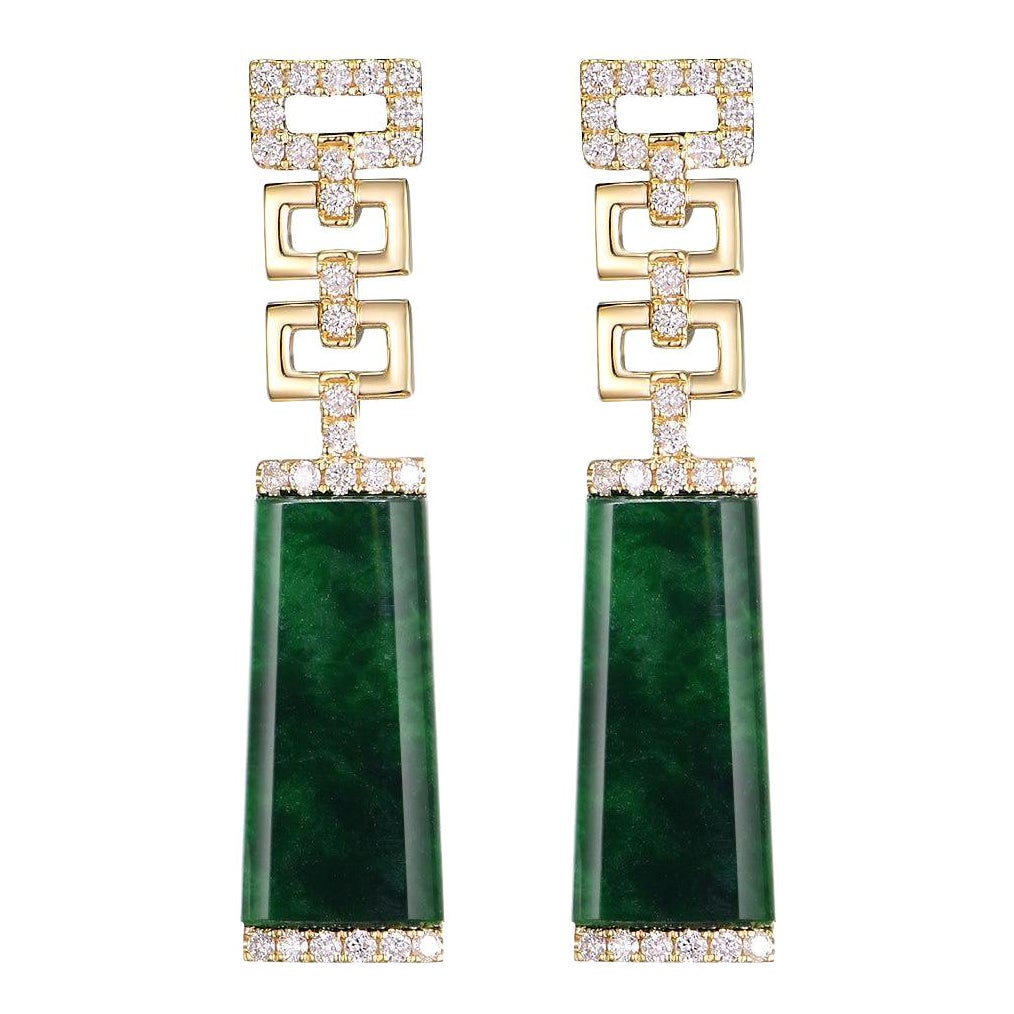 Vintage 4.50ct Jade and Diamond Drop Earrings in 14K Yellow Gold