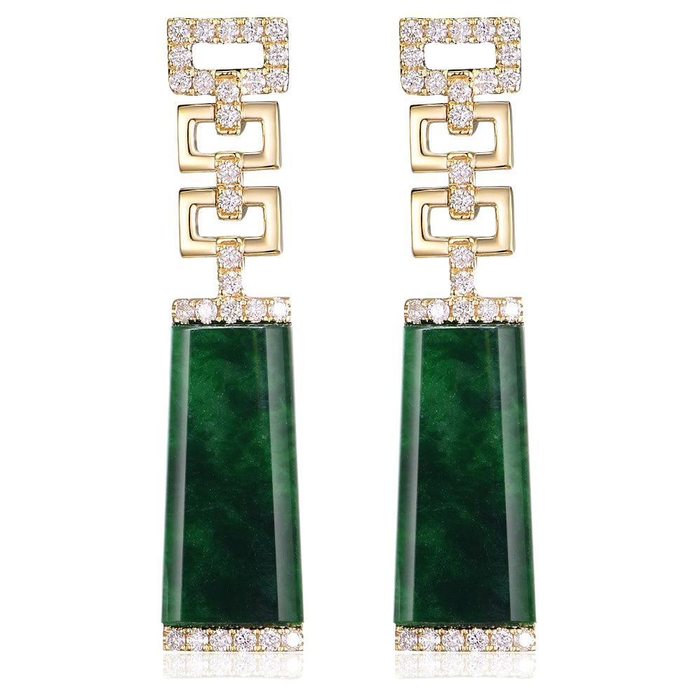 Vintage 4.50 Carat Jade and Diamond Drop Earring in 14K Yellow Gold For Sale