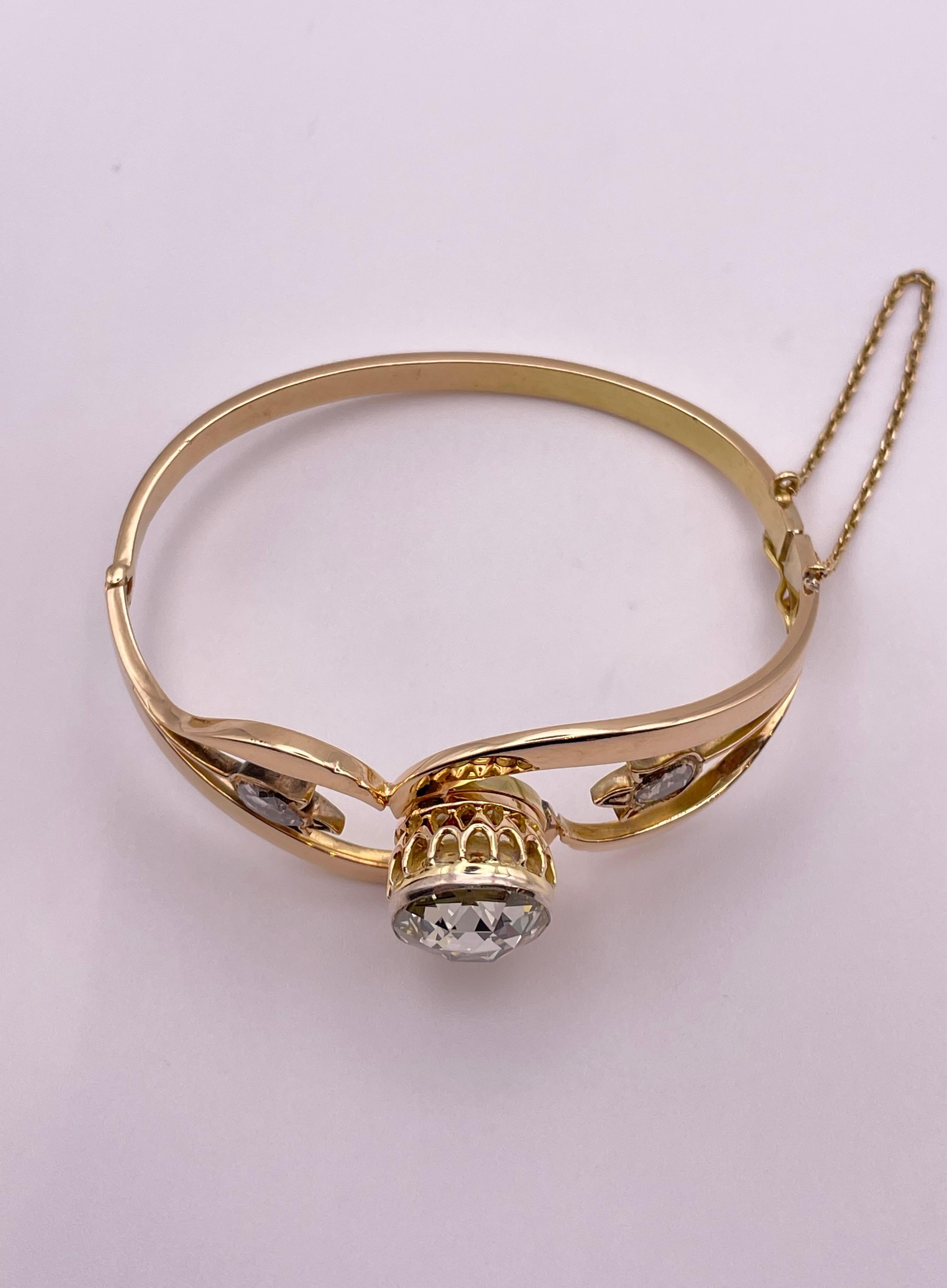 Art déco Bracelet jonc vintage en or jaune 18 carats avec diamants taille rose de 4,50 carats en vente