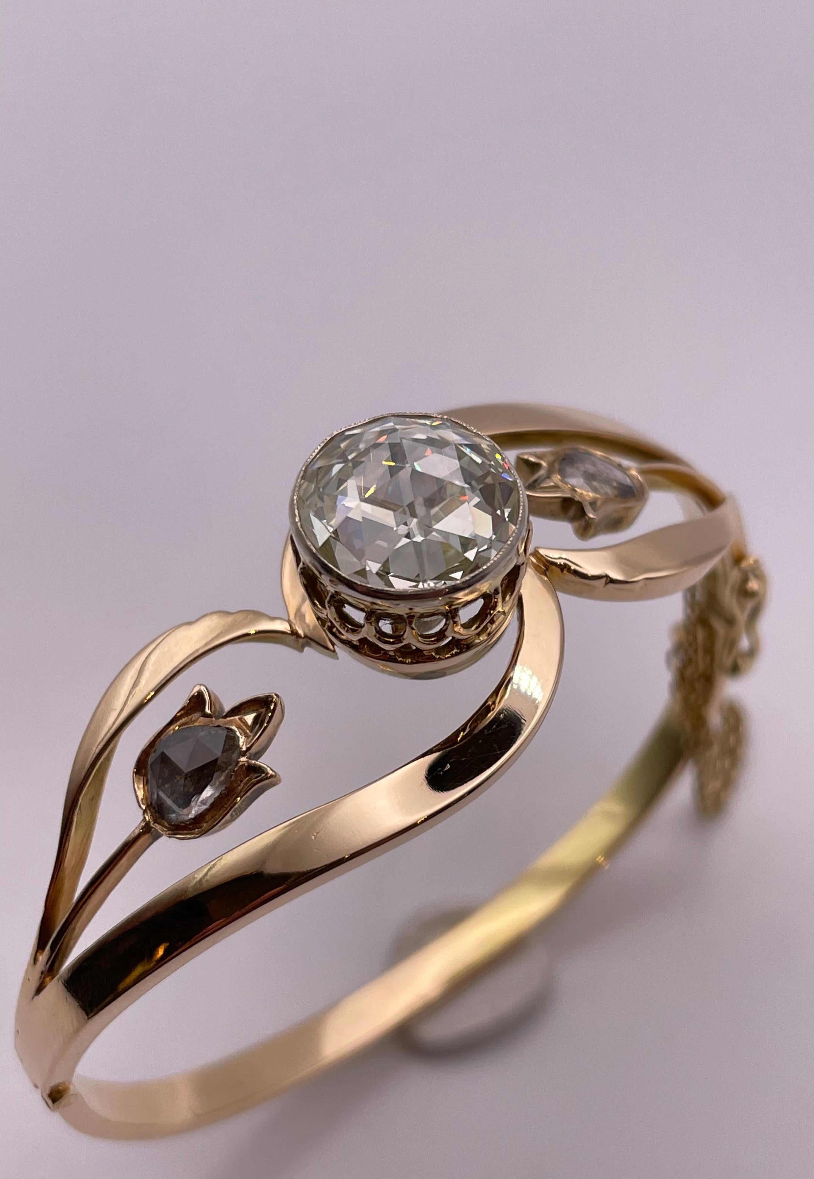 Bracelet jonc vintage en or jaune 18 carats avec diamants taille rose de 4,50 carats Unisexe en vente