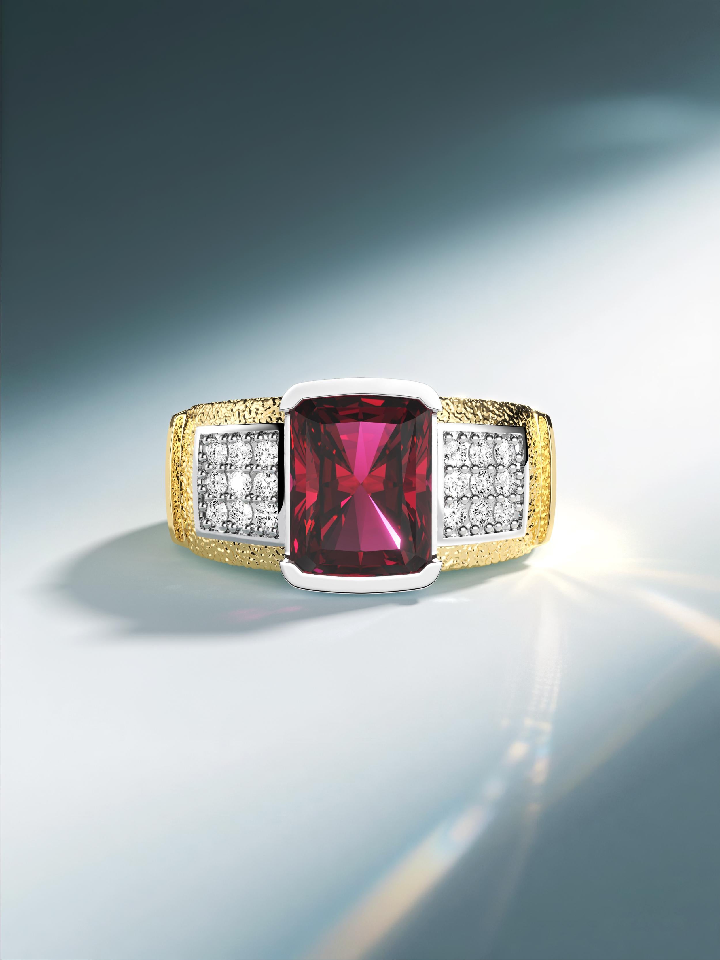 Vintage Rubellit Turmalin und Diamantring mit Strahlenschliff in 18 Karat Gold und Platinfassung. Ideal als Ring für den kleinen Finger eines Mannes oder als Statement-Ring für eine Frau. Dieses Stück zeichnet sich durch einen strukturierten