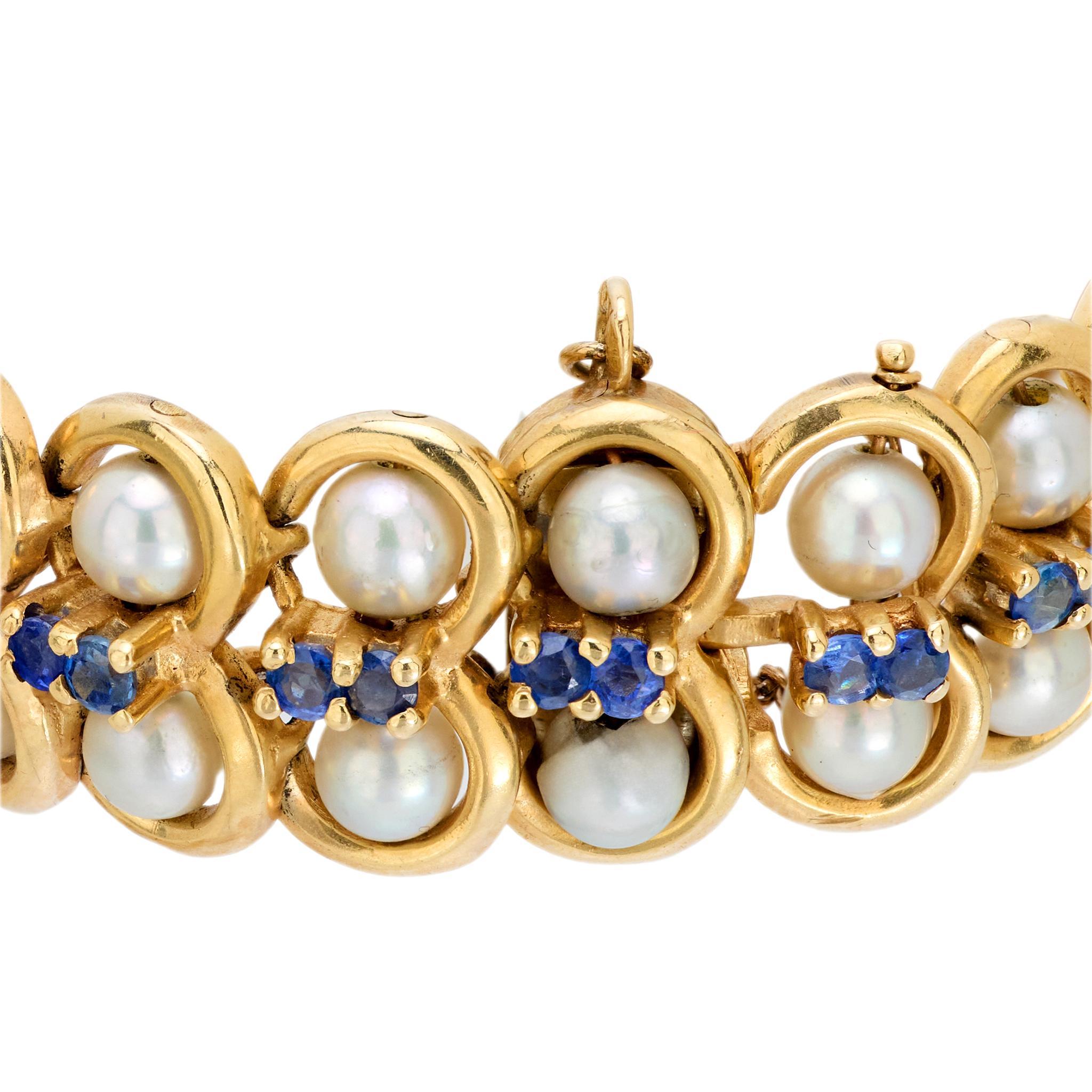 Modern Vintage 4.50 carat sapphire pearl 14k yellow gold bracelet
