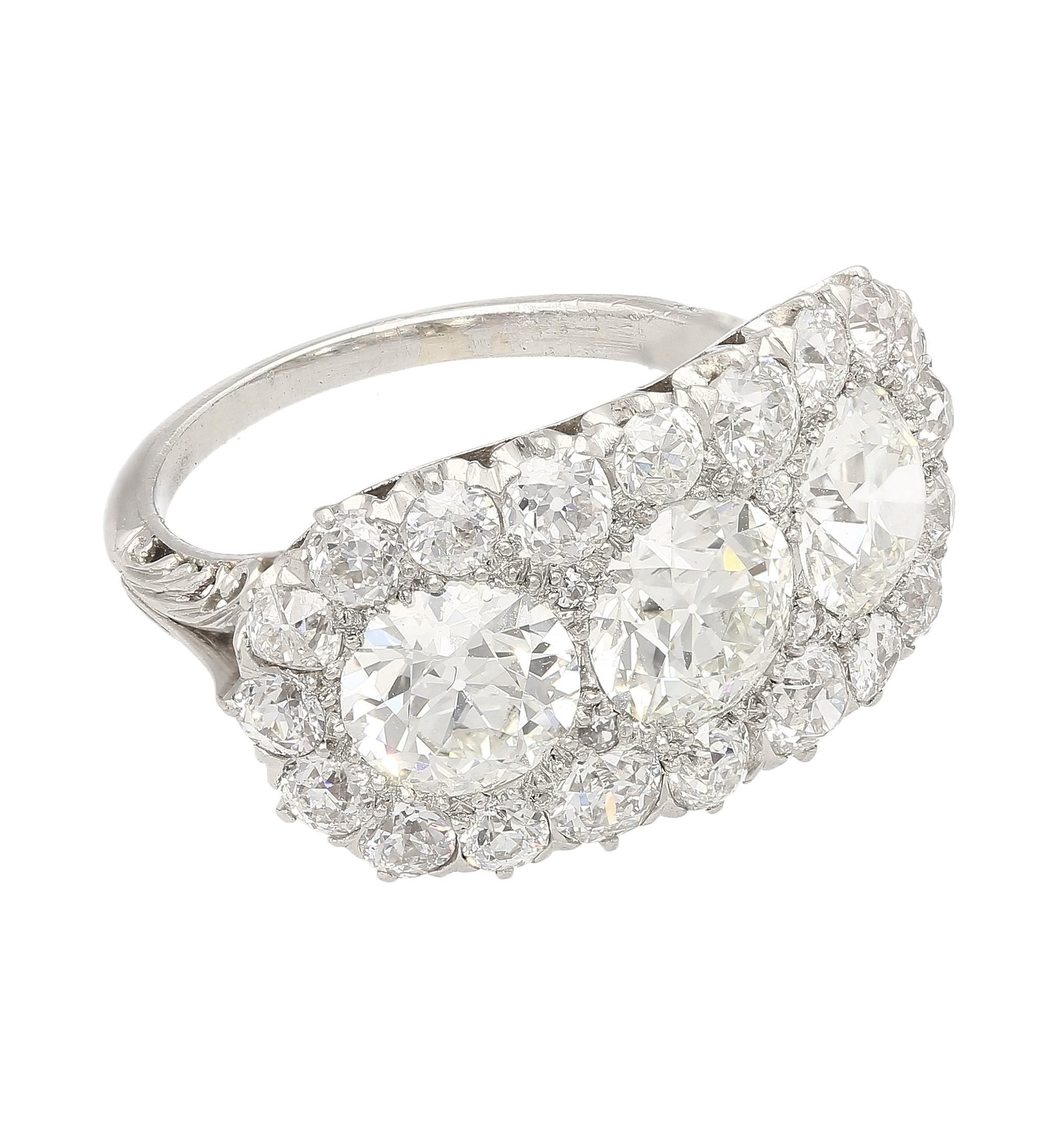 Art Deco Vintage 4.50 CTTW Old European Cut Diamond Three-Stone Platinum Engagement Ring  For Sale
