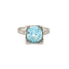 Vintage 4.50ct Blue Zircon Ring Art Deco 18k White Gold Square Solitaire