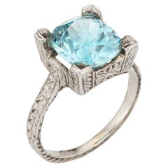 Vintage 4.50ct Blue Zircon Ring Art Deco 18k White Gold Square Solitaire