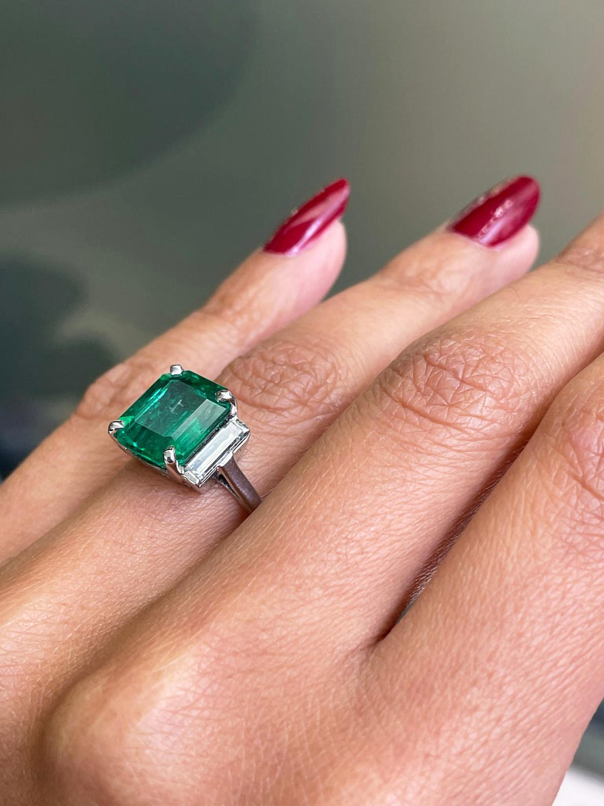 Vintage 4.52 Carat Emerald Cut Emerald and Diamond Art Deco Style Platinum Ring 1