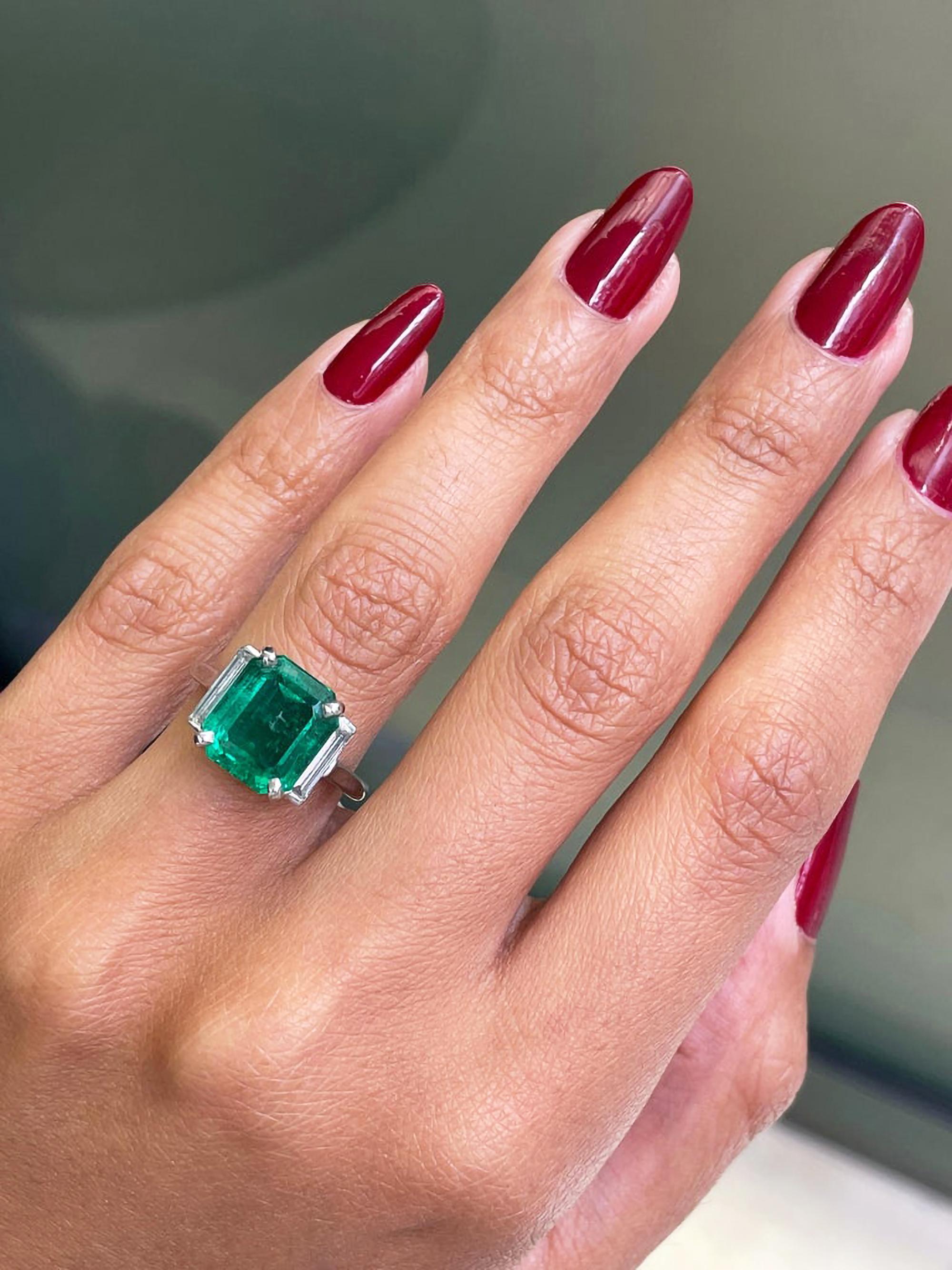 Vintage 4.52 Carat Emerald Cut Emerald and Diamond Art Deco Style Platinum Ring 2
