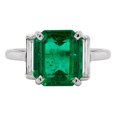 Vintage 4.52 Carat Emerald Cut Emerald and Diamond Art Deco Style Platinum Ring