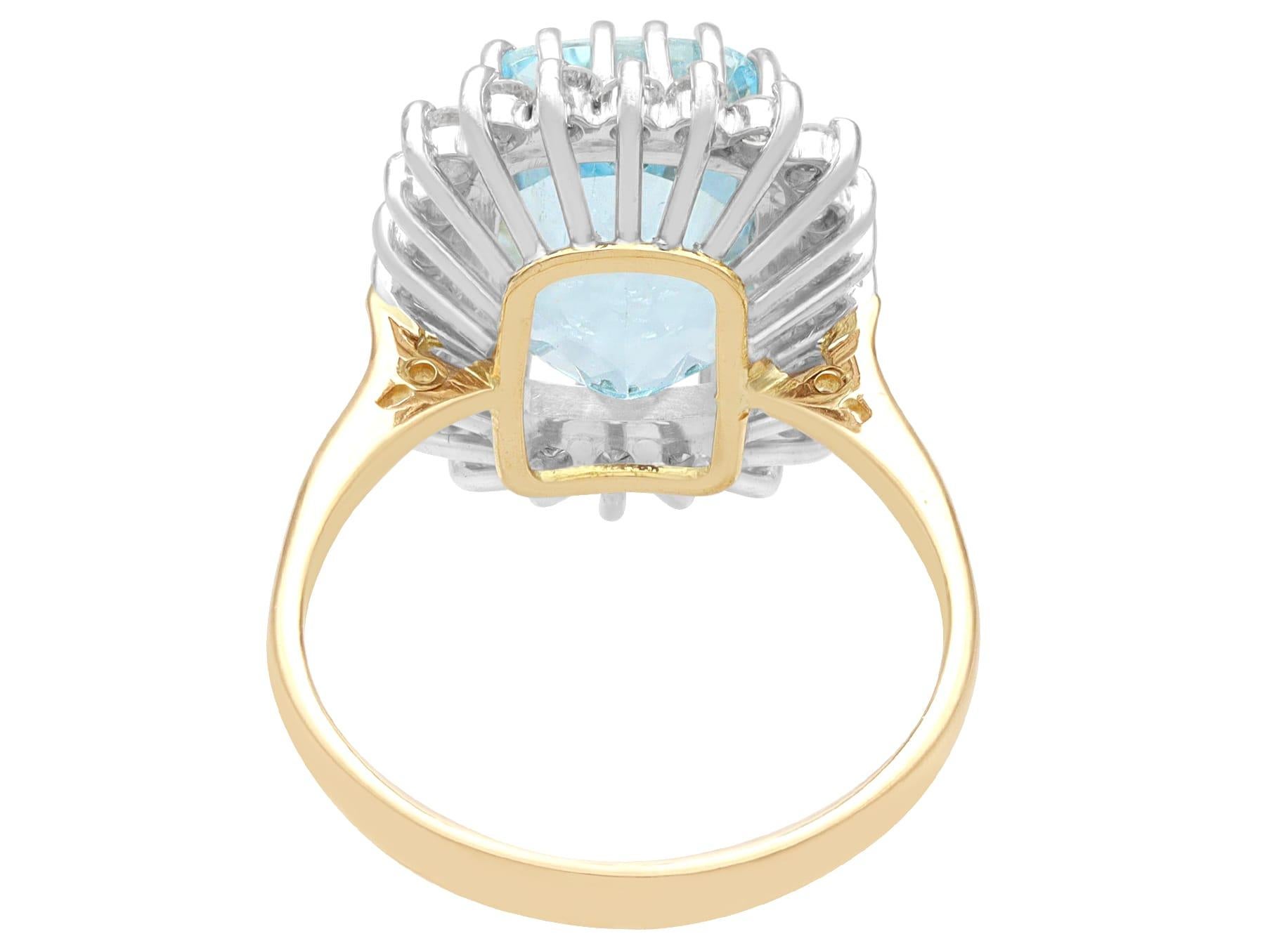 Cushion Cut Vintage 4.56ct Aquamarine and Diamond Yellow Gold Cocktail Ring For Sale