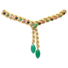 Vintage 4.5Ct Ruby, 4.18Ct Sapphire and 9.02Ct Chrysoprase Yellow Gold Necklace