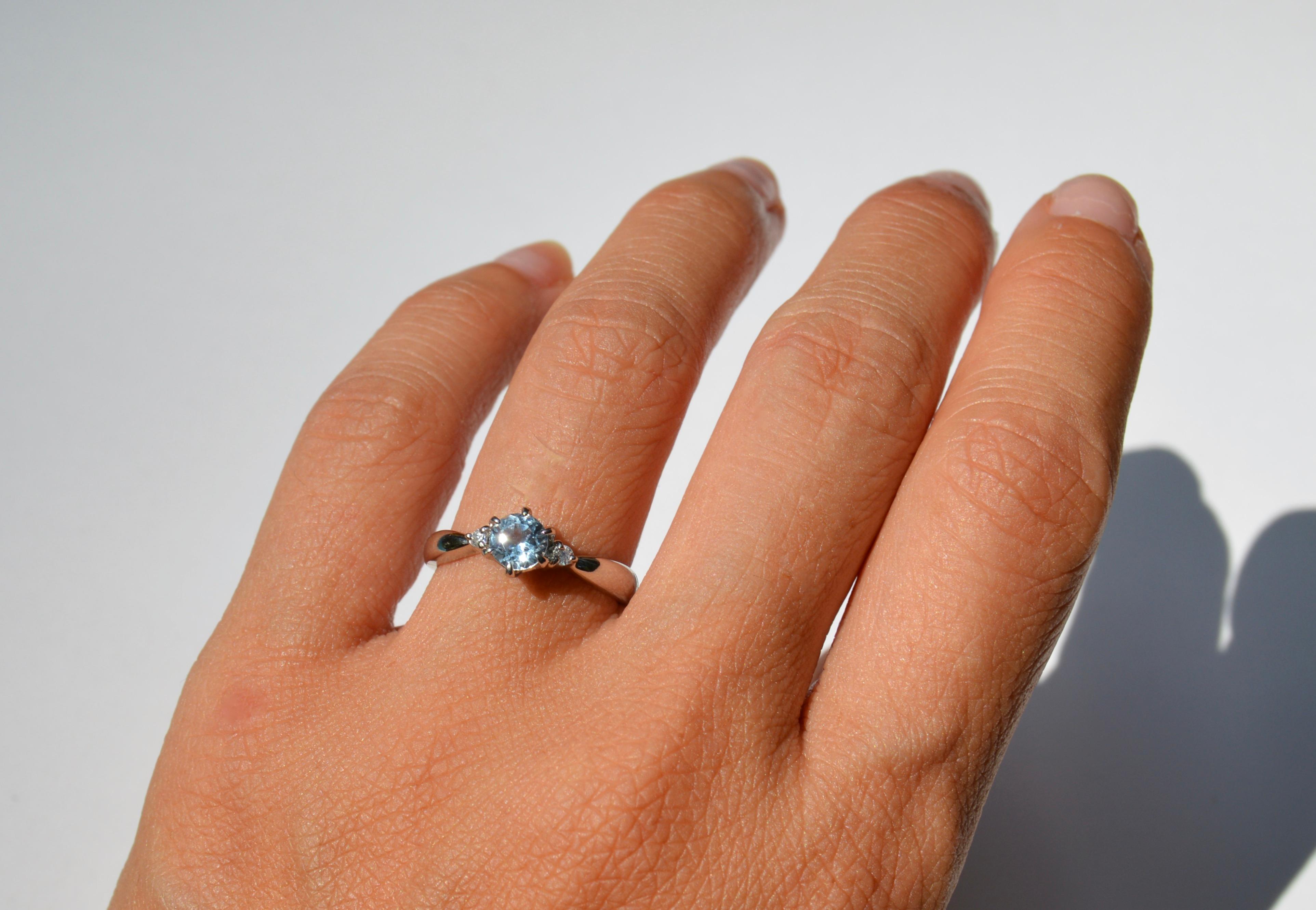 Round Cut Vintage .46 Carat Aquamarine Diamond Platinum Engagement Ring For Sale