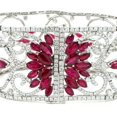 Vintage 46 Carat Ruby & Diamond Filigree Floral Motif Bracelet in 18k White Gold