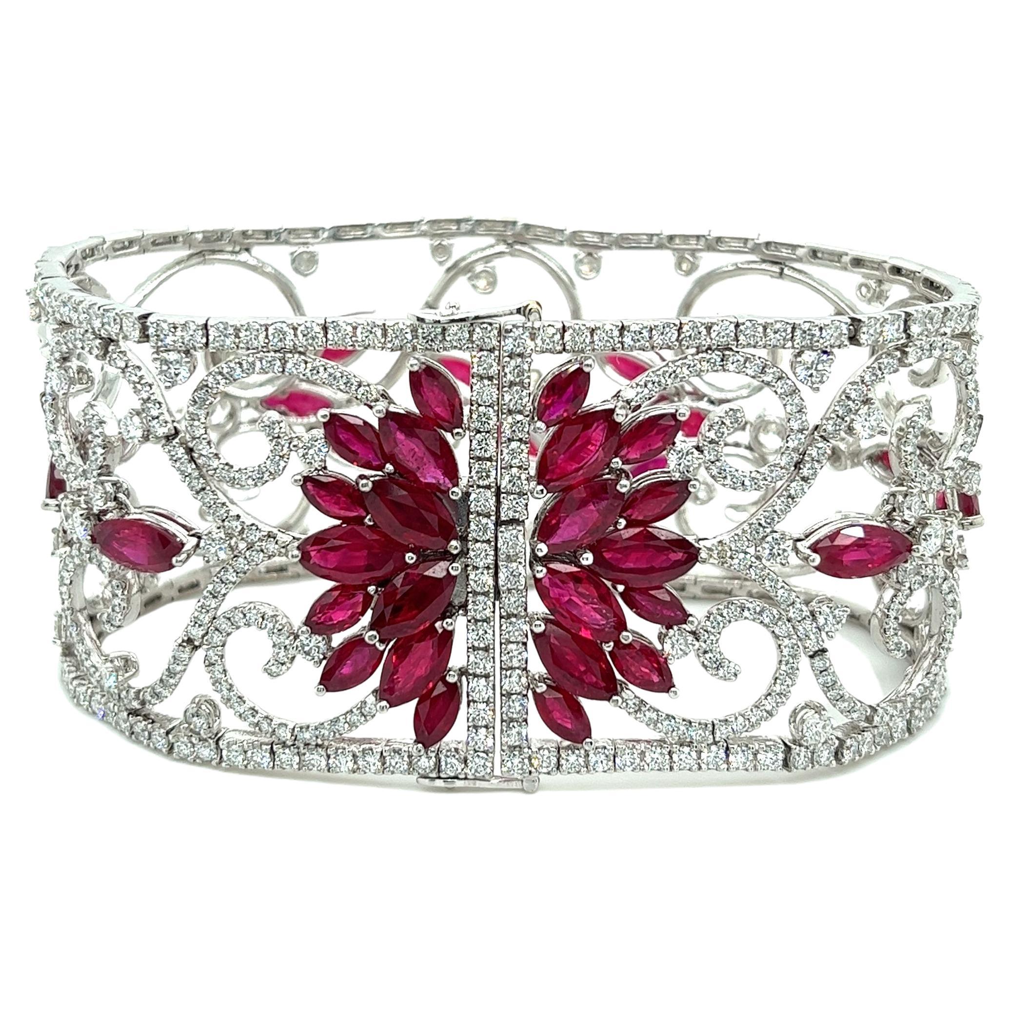 Vintage 46 Carat Ruby & Diamond Filigree Floral Motif Bracelet in 18k White Gold For Sale