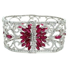 Vintage 46 Carat Ruby & Diamond Filigree Floral Motif Bracelet in 18k White Gold