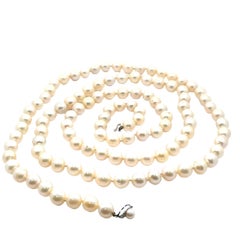 Vintage 46" Long GIA 9.27-10.50mm Akoya Pearl Strand Necklace White Gold Clasp