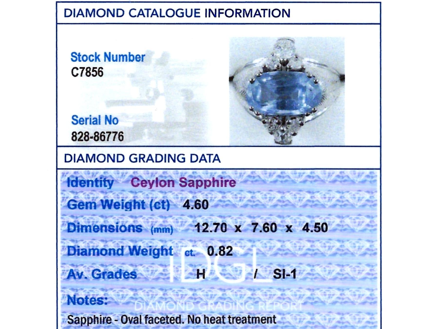 Vintage 4.60 Carat Ceylon Sapphire and 0.82 Carat Diamond White Gold Dress Ring For Sale 2