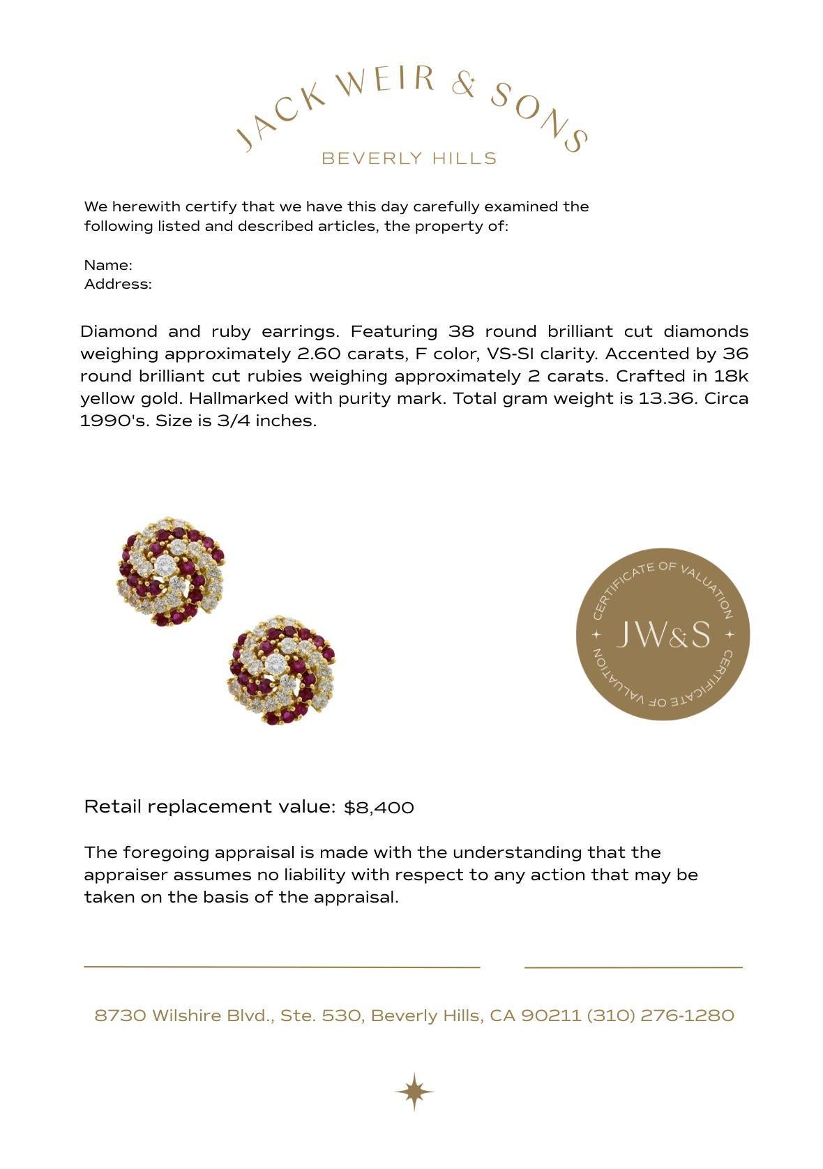 Brilliant Cut Vintage 4.60 carat total weight ruby and diamond 18k yellow gold earrings For Sale