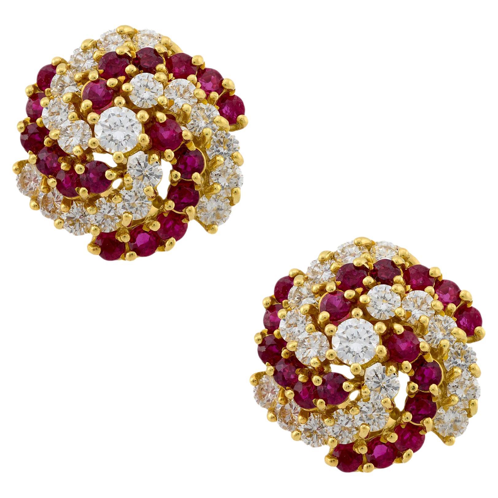 Vintage 4.60 carat total weight ruby and diamond 18k yellow gold earrings For Sale