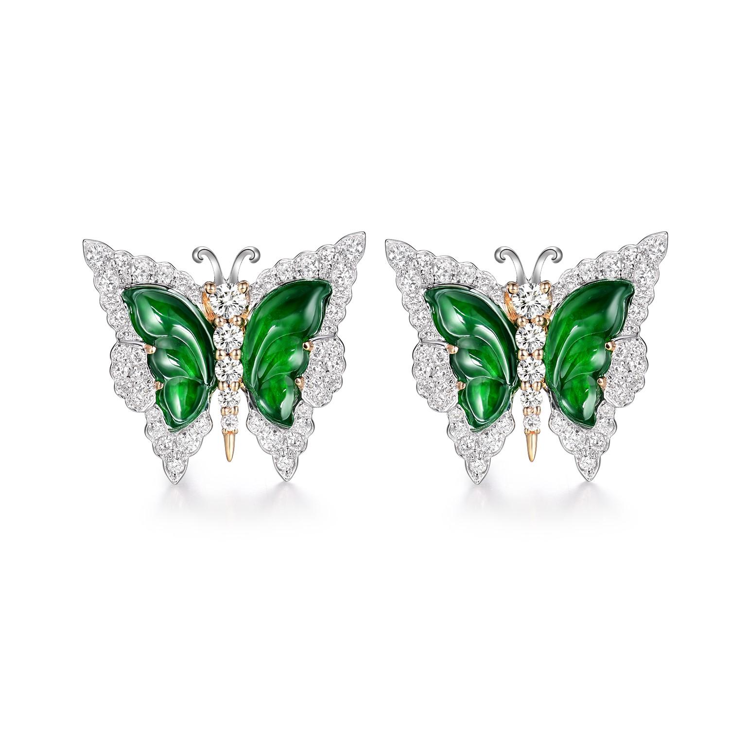 Pendientes vintage de jade mariposa de 4,63 ct y diamantes en oro de 18 quilates PT950 en venta 4
