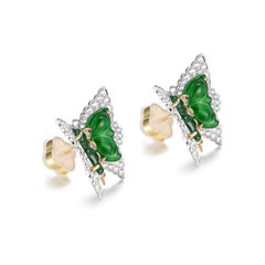 Vintage 4.63ct Butterfly Jade and Diamond Stud Earring in 18K Gold PT950