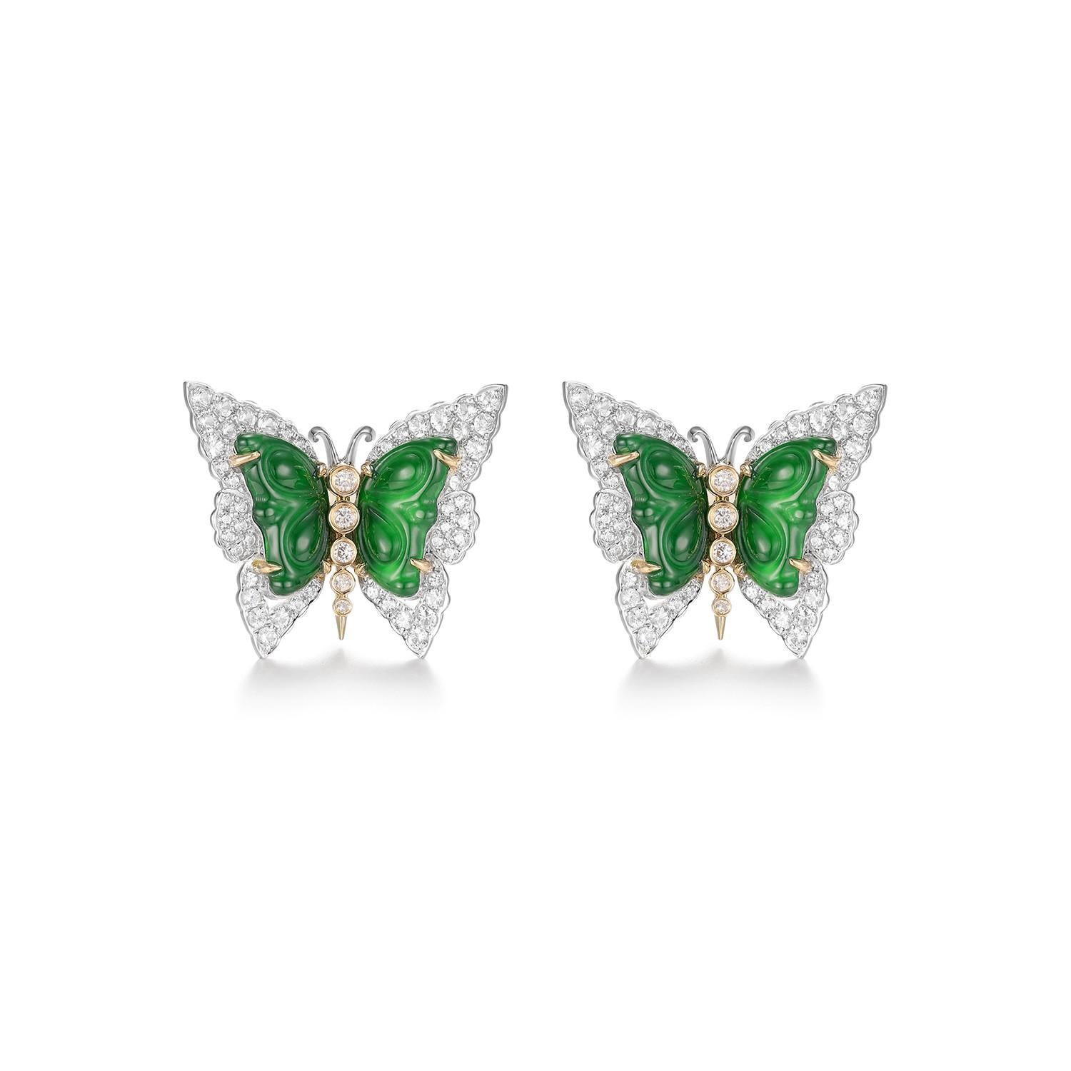 Pendientes vintage de jade mariposa de 4,63 ct y diamantes en oro de 18 quilates PT950 Sin cortar en venta
