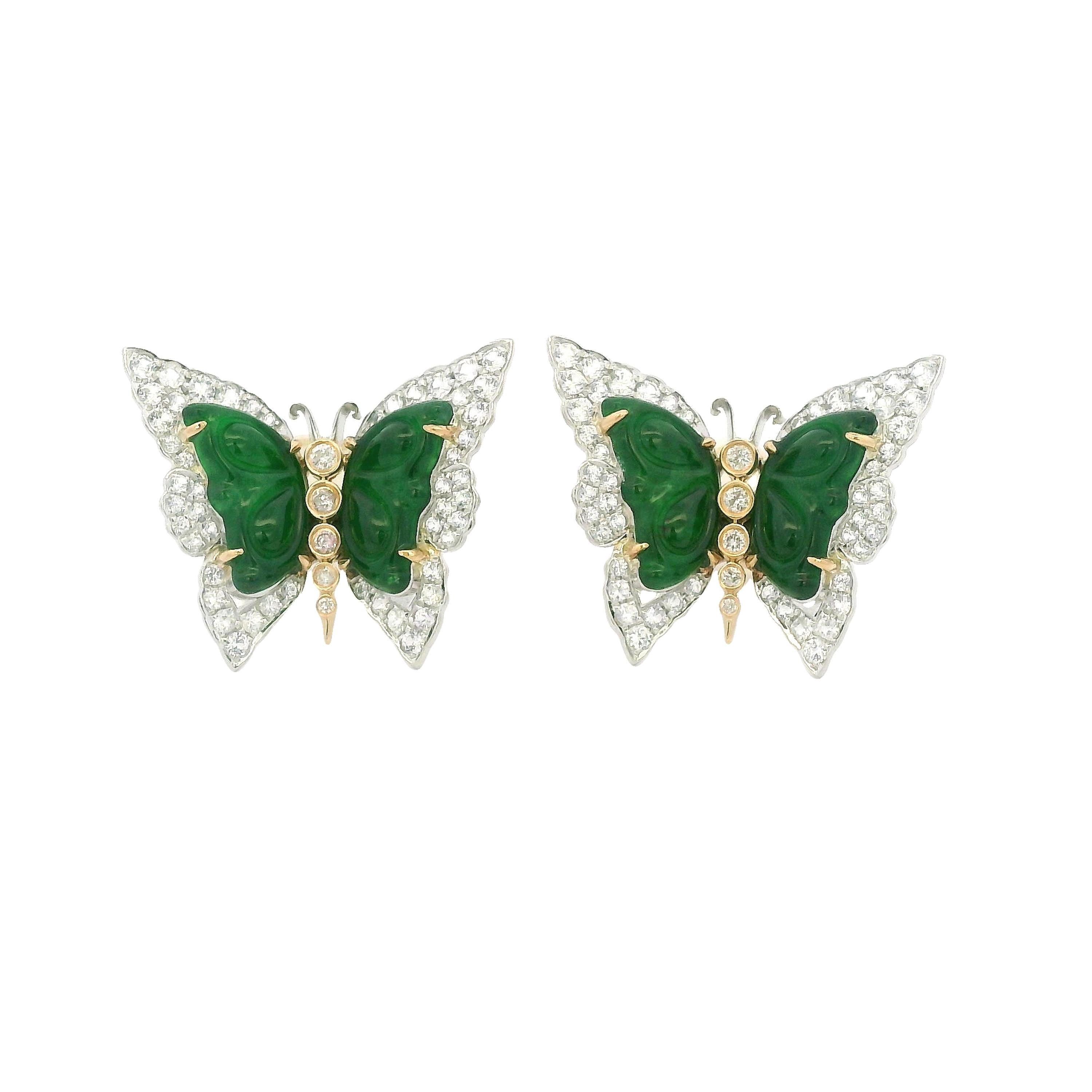 Pendientes vintage de jade mariposa de 4,63 ct y diamantes en oro de 18 quilates PT950 en venta 1