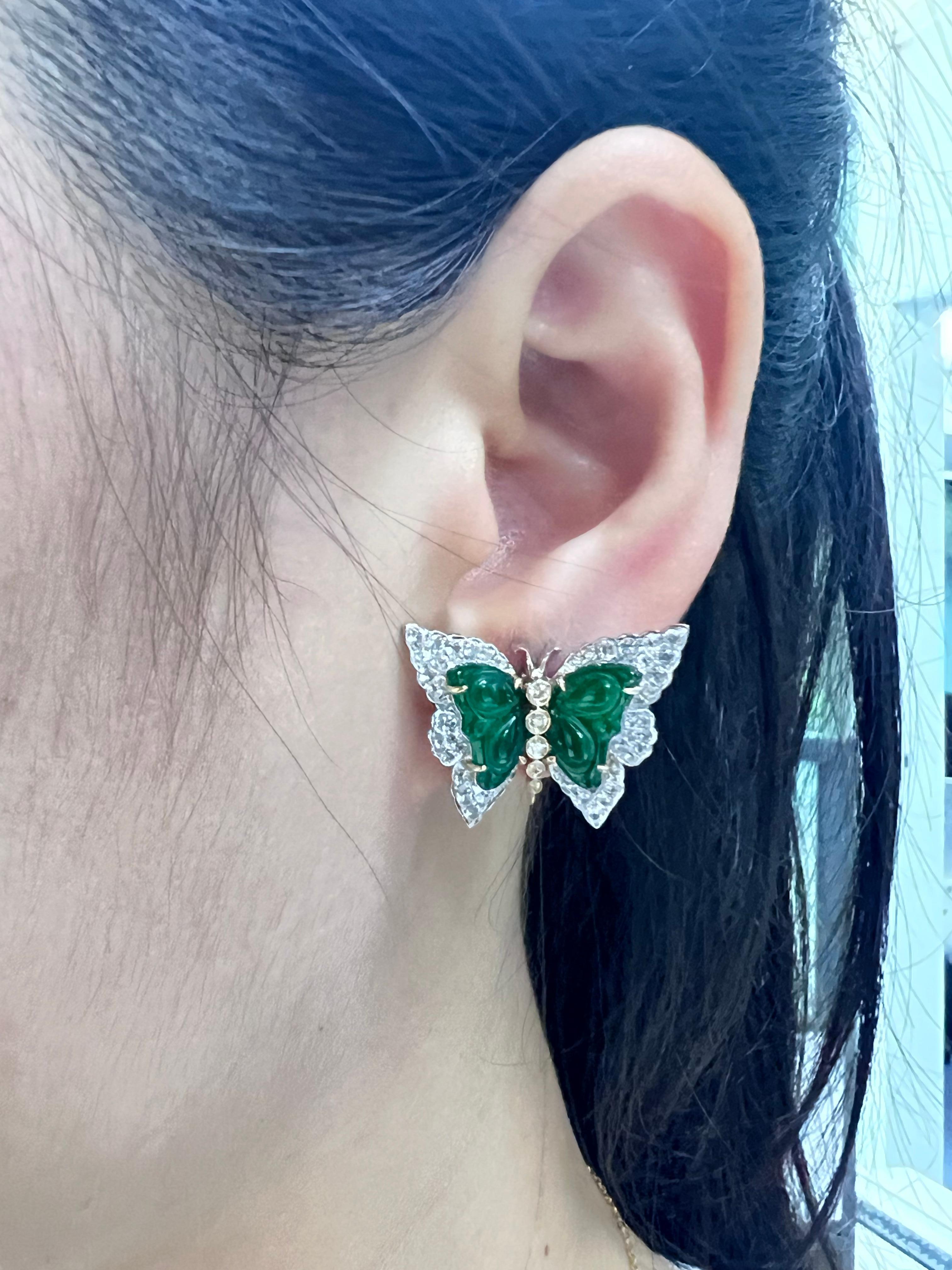 Pendientes vintage de jade mariposa de 4,63 ct y diamantes en oro de 18 quilates PT950 en venta 2